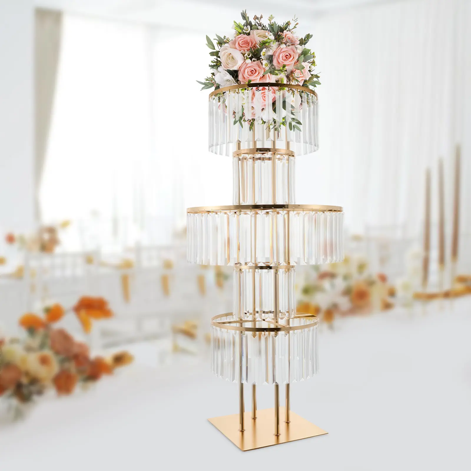 5-Tier Gold Acrylic Flower Stand 43.3' Tall, Electroplated Iron Wedding Centerpiece Display with Crystal Pendant Style, Round Tiered Arrangement 11.81' Base, Floor Table Decoration for Party Event Photo Booth