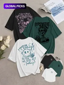 Breathable Casual Streetwear Loose-Fit Round Neck Skull Girl Print Knit T-Shirt Set, Summer Fashion Comfortable Versatile Everyday Graphic Top, Pack of 3