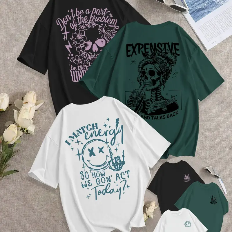 Breathable Soft Casual Streetwear Loose-Fit Round Neck Skull Girl Print Knit T-Shirt Set, Summer Fashion Comfortable Versatile Everyday Graphic Tee, Pack of 3