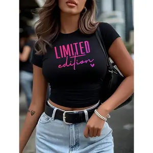 Women'S Short Crop Top with a Sexy Letter Print And Round Neck, Casual Sports Short-Sleeve Cropped T-Shirt