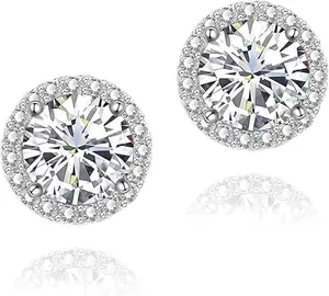 2026 Summer Collection Women's 925 Sterling Silver Halo Stud Earrings, Hypoallergenic Nickel-Free Round Cut CZ Diamond Earrings, Fine Jewelry for Everyday Wear, Ideal Gift for Birthday & Anniversary