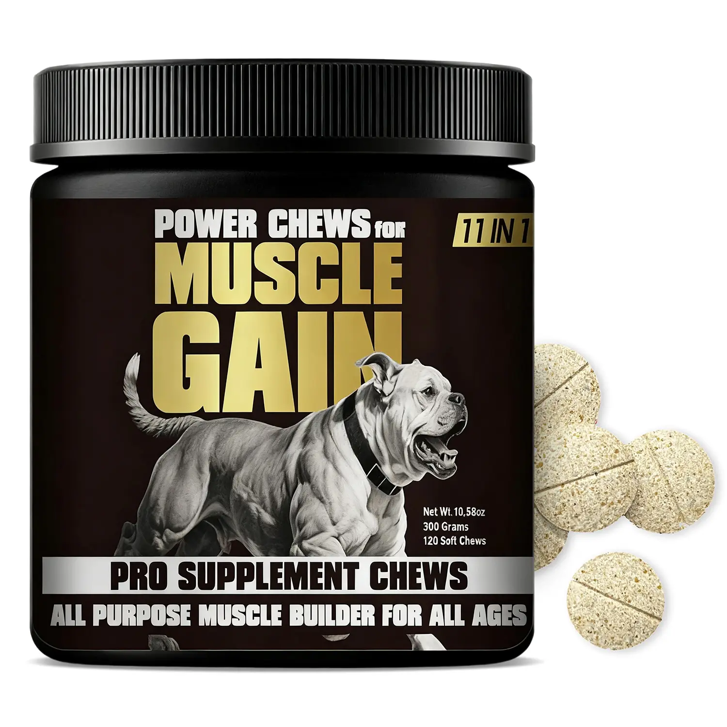 Muscle-building nutritional supplements for dogs, supporting muscle growth, immunity, and healthy development.