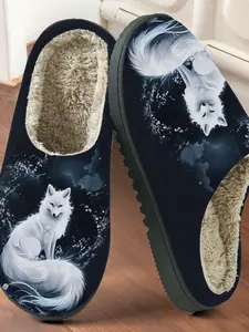 Moonlight Fox Print Cotton Slippers, Anti-Slip Thick Sole, Warm Home Shoes for Men and Women, Fall & Winter Casual Style