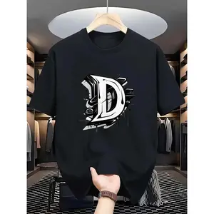 180G Pure Cotton Single-Sided Printed Round Neck Short Sleeve T-Shirt Men's Sports T-Shirt Breathable Lightweight Black with Floral Large Letter "D" Print Comfortable Style Suitable for Large Sizes Menswear Top