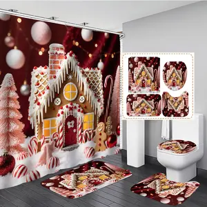 1/3/4PCS Christmas themed Gingerbread House with Decorations Shower Curtain Set with Rugs, Non Slip Bath Mat, U-Shape Carpet, Toilet Lid Cover, Polyester Fabric Bathtub Curtain Accessories, 12 Hooks, Home Bathroom Festival Decor