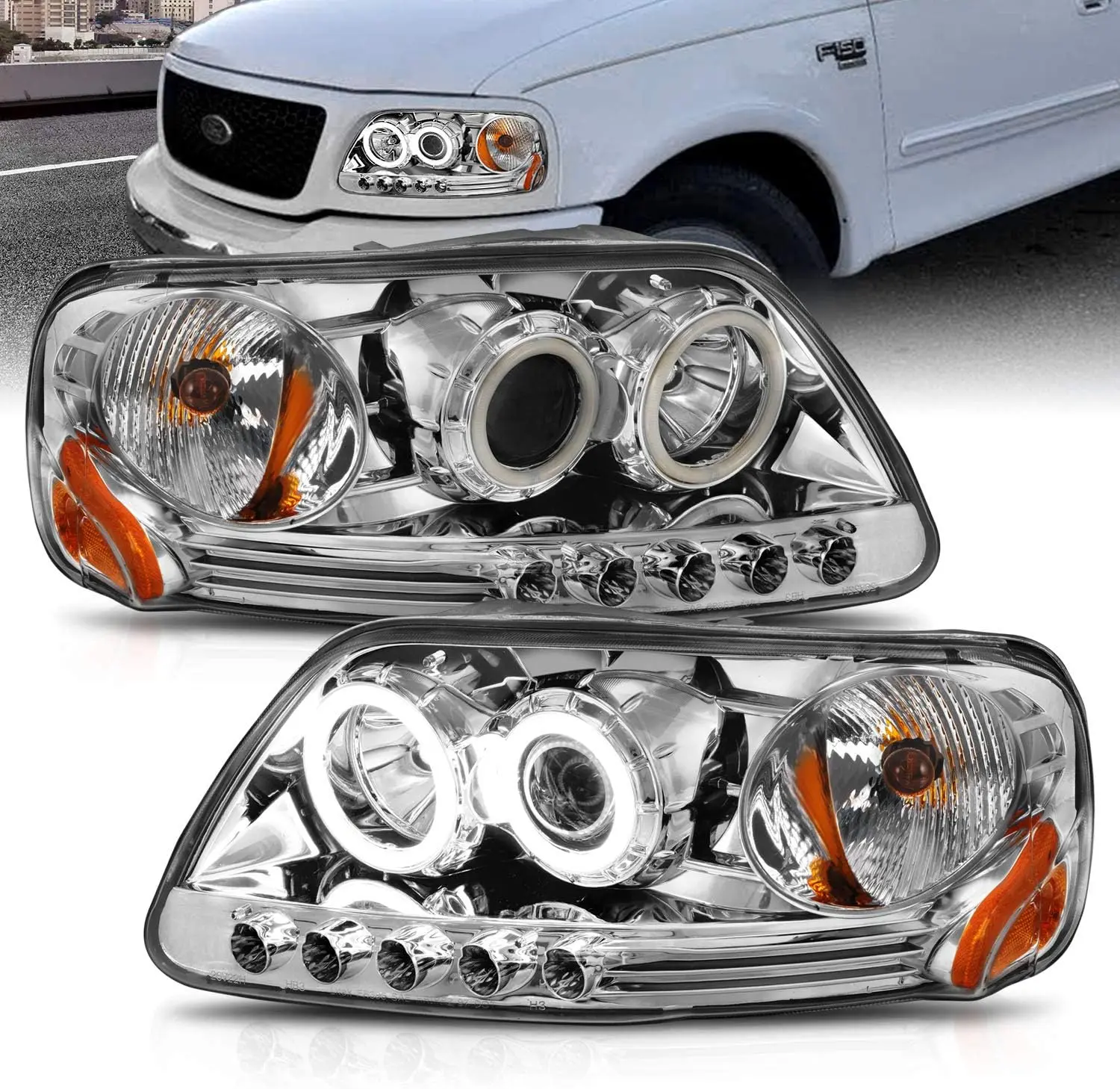 AmeriLite for 1997-2003 Ford F150 F-Series Expedition Chrome Projector Replacement Headlights Assembly Xreme LED Halos Included Bulbs - Passenger and Driver Side
