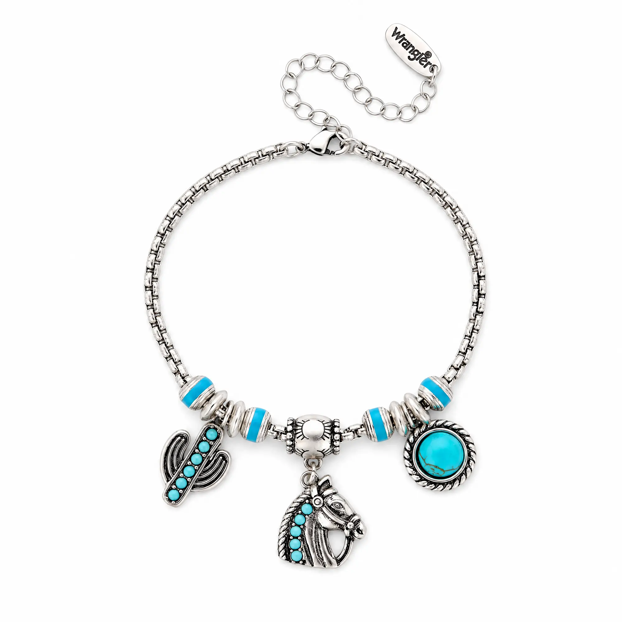 Wrangler 14K Gold/Silver Plated Western Charm Bracelet for Women, Cactus Horse Turquoise Stone Adjustable Chain Bracelet, Southwestern Cowgirl Statement Jewelry