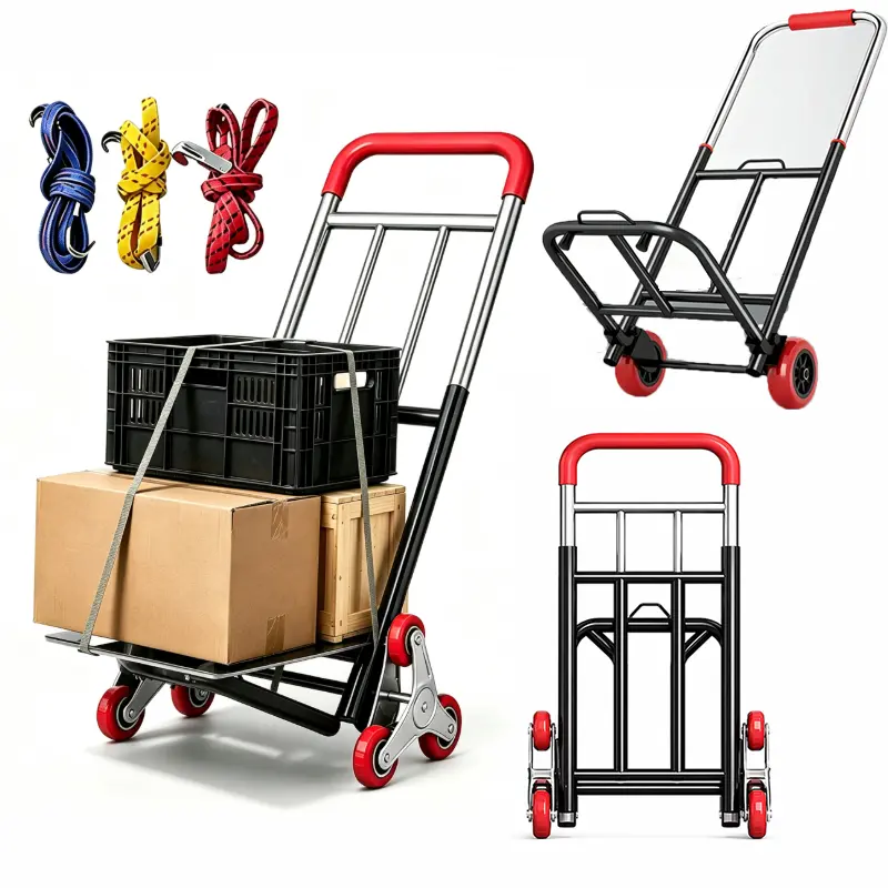 Folding hand truck, stair-climbing hand truck, equipped with special stair-climbing wheels and adjustable straps; folds for easy storage; suitable for home use, warehouses, supermarkets, as well as shopping, moving, and material handling