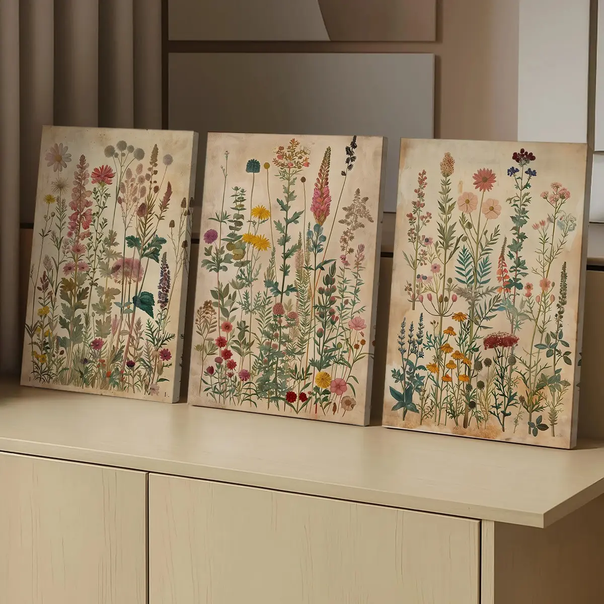 3 Counts Wood Framed Canvas Vintage Wildflower Botanical, Watercolor Floral Print Design Wall Art, Ready To Hang, Room Decor, Decoration Items, Waterproof Canvas, Artwork Wall Painting For Gift, Home Decor