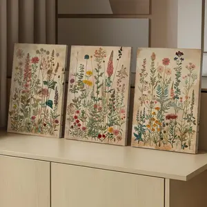 3 Counts Wood Framed Canvas Vintage Wildflower Botanical, Watercolor Floral Design Wall Art, Ready To Hang, Room Decor, Waterproof Canvas, Artwork Wall Painting For Gift, Wall Decor for Bedroom, Living Room Decoration