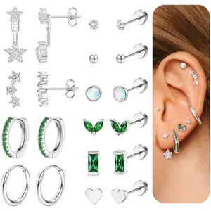 THUNARAZ 20 Pcs 304 Surgical Steel Stud Earrings 20G Trendy 14K Gold Flat Back Earrings for Women Men Hypoallergenic Screw Back Cartilage Multiple Piercing Hoop Earrings Set for Sensitive Ears Jewelry Earring Stack Non Tarnish Jewelry for Christmas Gift