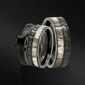 His & Her Deer Antler Wedding Rings Black Koa Wood Ring Set