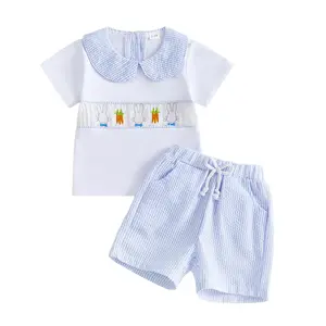 Babamoon Toddler Baby Boys Girls Easter Outfits Set Cute Short Sleeve Bunny Carrot Embroidery Tops with Striped Shorts 2Pcs Clothing Set 3M-3Y