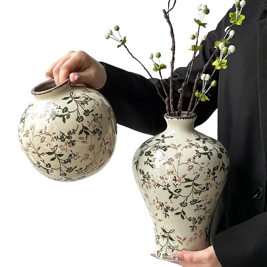 American Country Ice Crackle Ceramic Vase, Vintage Floral Farmhouse Style Home Room Decoration, Decorative Flower Vase, Large Capacity Wall Shelf Ornament, Water Cultivation Flower Holder