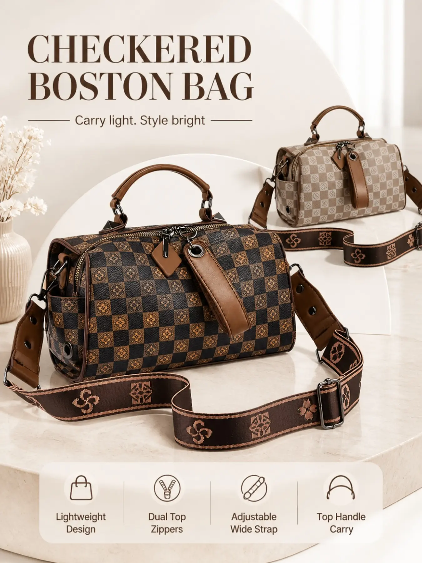 1pc Checkered Classic Pattern Boston Bag, Vintage Crossbody Handbag with Adjustable Wide Strap, Lightweight Travel Shoulder Bag, Stylish Top Handle Purse for Daily Commute, Shopping, Weekend Trips & Gifts