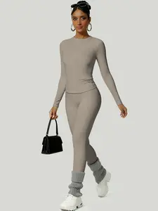 Women's Simple Solid Color Sportswear Set, Athletic Activewear Tracksuits, Comfortable T-Shirt & Slimming High-Waisted Pants, Ideal for Fall & Winter Yoga Sports