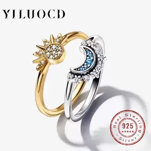 FASHION - 925 Silver Sun and Moon  Couple Ring Set Sky Blue Sparkling Cubic Zirconia Rings Promise Fine Jewelry Gifts for Valentines Day