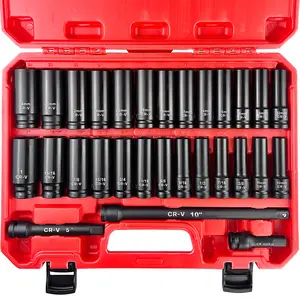 EACELIY 29pcs 1/2" Socket Set, Drive Deep Impact Socket Set, Including 3 ", 5", 10" Impact Extension Bar, Standard SAE (3/8 "- 1") and Metric (10mm-24mm), Cr-V Steel #TikTokShopBacktoSchool