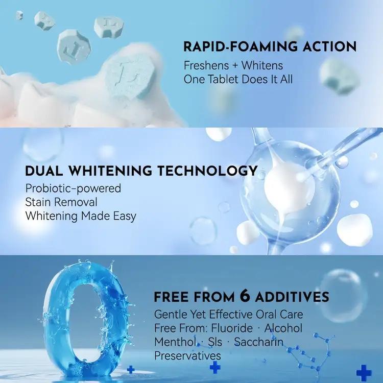 Probiotic Solid Toothpaste contains pearl powder, cleanses the mouth, whitens teeth, and provides long-lasting fresh breath.  Convenient for travel and everyday use. Fluoride-free and environmentally friendly.