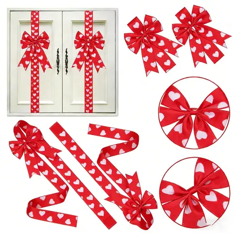 Elegant Red Heart Pattern Soft and Durable Polyester Ribbon Cabinet Door Bow Set (4-6-8 Pieces) - Party Decoration Supplies, Valentine’s Kitchen Decor, No-Electricity Holiday Garlands
