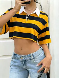 Vintage Colorblock Striped Short Crop Collared Polo Shirt, American Street Style High Waist Loose Fit Half Sleeve Blouse, Women's Fashion Top
