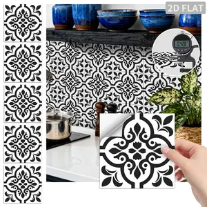 24PCS/Box FHZ Classic Art Scroll Peel and Stick Tile, Black White Vintage Moroccan PET Matte Waterproof Oil-Proof Removable Wall Sticker for Kitchen Bathroom