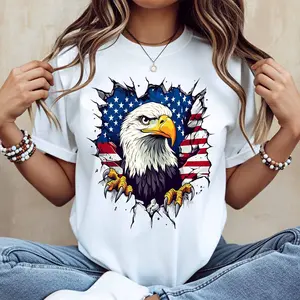 American Eagle Flag Print T Shirt White Casual Loose Fit For Everyday Wear And Outdoor Activities