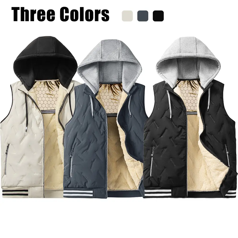 Men’s thick, warm zip-up hooded vest available in three colors, fleece-lined cotton vest, versatile sleeveless outer layer suitable for everyday wear and outdoor sports