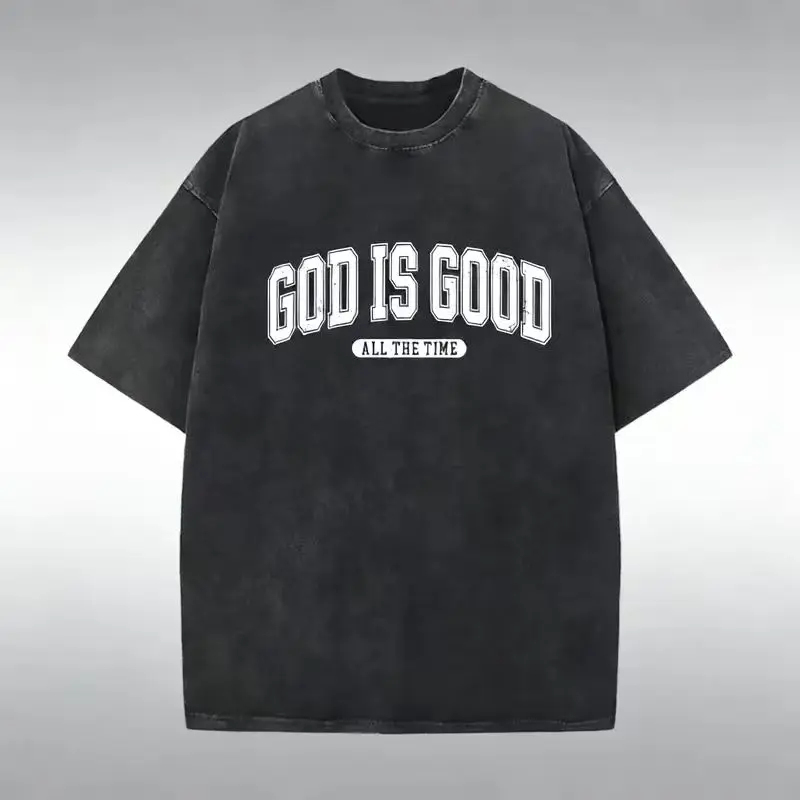 Christian Clothing Men's Graphic T-Shirt, Vintage 'God Is Good' Washed Cotton Tee, Baggy Shortsleeve Round Neck Top for Bible Study, Loose, Men's Wear, All Seasons, Hangable, Vintage Unisex, Graphic Print, Faith Message