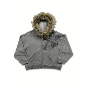 Retro Streetwear Retro Warm Hooded Sweatshirt Unisex Loose Fit Winter Fashion Pullover with Faux Fur Cap Skull Print Zipper Hoodie Winter Casual Wear Casual Hoodie, Zipper Hoodie, Sweater Hoodie