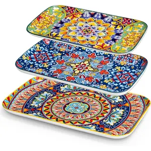 Serving Platters Set of 3, 16"/14"/12" Inch Rectangular Trays - , Ceramic Bohemian Serving Dish for Entertaining , Microwave & Dishwasher Safe,