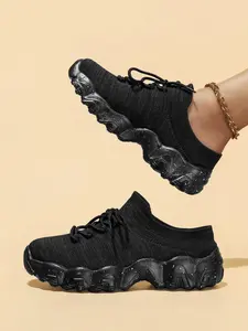Women's Fashionable Lace Up Platform Sneakers, Knitted Running Shoes, Casual Comfortable Sports Running Shoes, Female All-match Round Toe Chunky Sneakers for Daily Wear