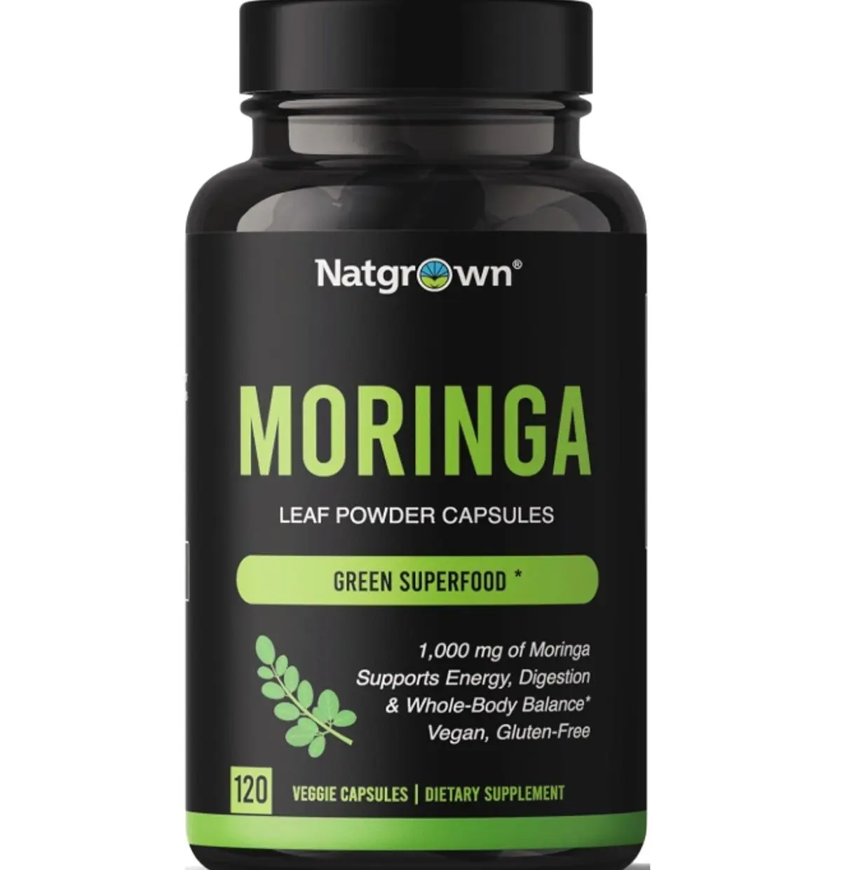 Natgrown Organic Moringa Capsules 1,000 mg - Pure Moringa Leaf Powder - Green Superfood Supplement - Vegan, Gluten-Free - 120 Capsules