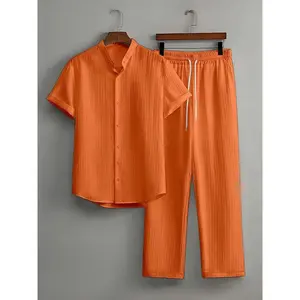 Men's Textured Short-Sleeve Shirt & Pants Set, Mandarin Collar, Button-Down, Elastic-Waist Trousers, Casual Summer(Sheets)