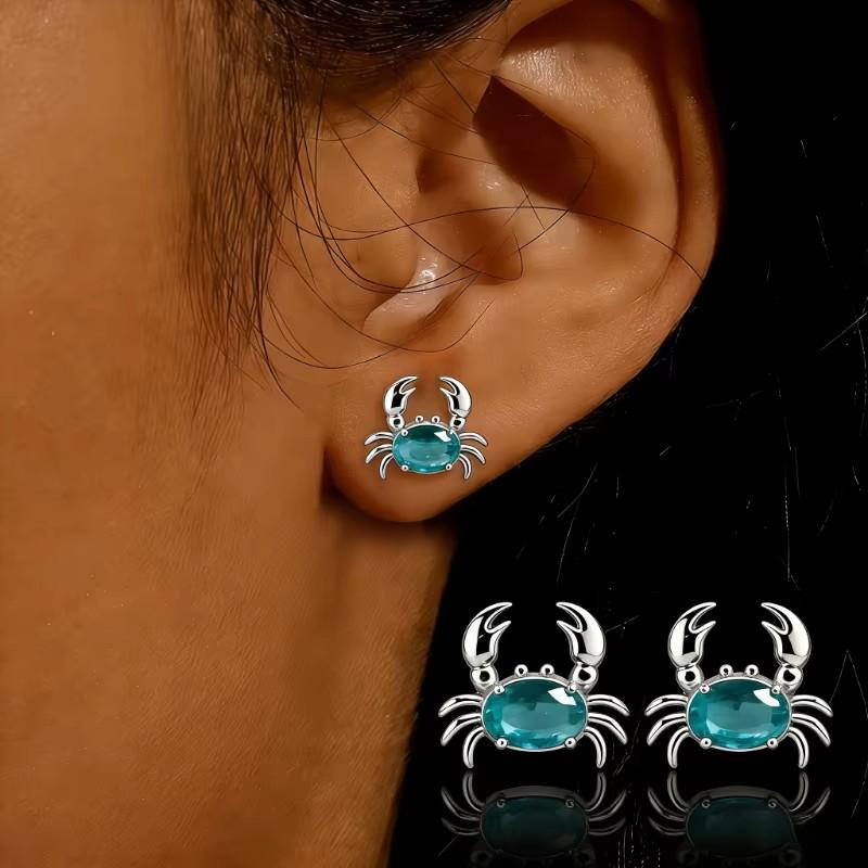 Women's Symbolic Crystal Plug Earrings - Metal Coated Costume Jewelry for Cancer Awareness, A Versatile Gift, Crab, 1 Pair, Crystal Stones, Crab Shape, Everyday Wear, Crystal Crab