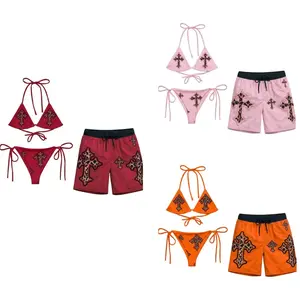 Summer Cross Couple Swimsuit Set, Couple Beach Set Gothic Style Bikini & Sports Mesh Shorts for the Beach Party