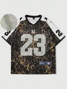 Men's Leopard Print Rhinestone #23 Football Jersey, V-Neck Short Sleeve, Shiny Rhinestone Detail, Breathable Lightweight Fabric, Oversized Fit For Streetwear & Hip Hop Style, Perfect Gift For Boyfriend, Son & Brother, Easy To Pair With Jeans & Cargo Pants