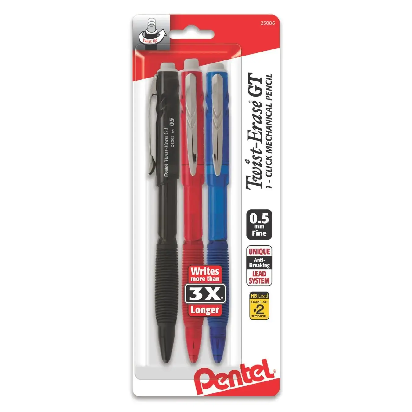 Twist-Erase GT Mechanical Pencil - 3-Pack Assorted Colors, 0.5mm Fine, Durable Metal Clip, Default Design, All Seasons Use, Ideal for Drawing (Office Stationery Writing Tool), Extra-Soft Ribbed Grip