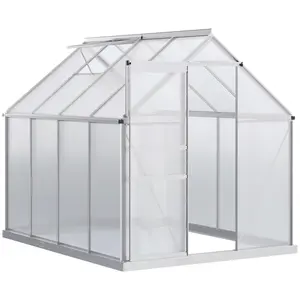 Outsunny 6' x 6' x 6.5' Polycarbonate Greenhouse with Aluminum Frame, Walk-in Heavy Duty Green House with Adjustable Roof Vent, Rain Gutter and Sliding Door for Winter, Silver