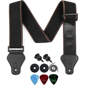 Guitar Strap, Adjustable  Guitar Straps with Leather Holder Ends, 2 Strap Buttons 2 Locks 3 Guitar Picks, Guitar Accessories for Bass, Electric & Acoustic Guitars
