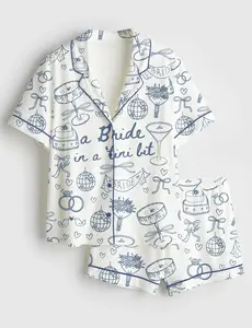 Women’s Espresso Martini Bachelorette Party “Bride in a Tini Bit” Martini Print Short Sleeve Silk Satin Pajama Set Soft Sleepwear