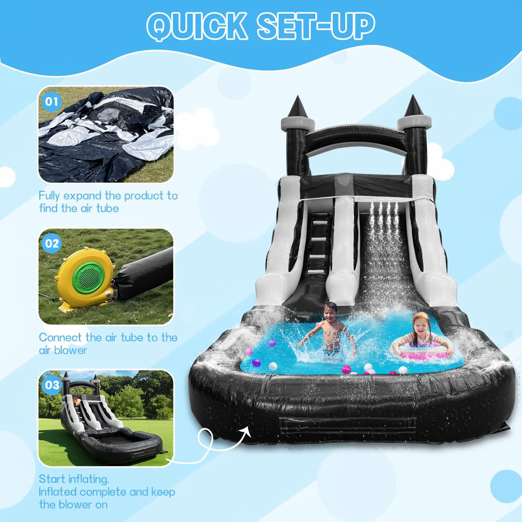 Commercial-Grade Large Water Slide,  Inflatable Water Slide for Kids&Adults Commercial Water Slide and Splash Pool, Giant Commercial-Grade Inflatable Water Slide, Swimming Pool, Large Waterslide, Wet/Dry Use, Summer Fun, Black