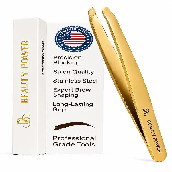 Beauty Power Professional Precision Slant Tweezers for Women Facial Hair - Tweezers for Men & Women, Eyebrow Tweezer for Ingrown Hair Blackhead & Splinter Removal - Gift Idea - Gold