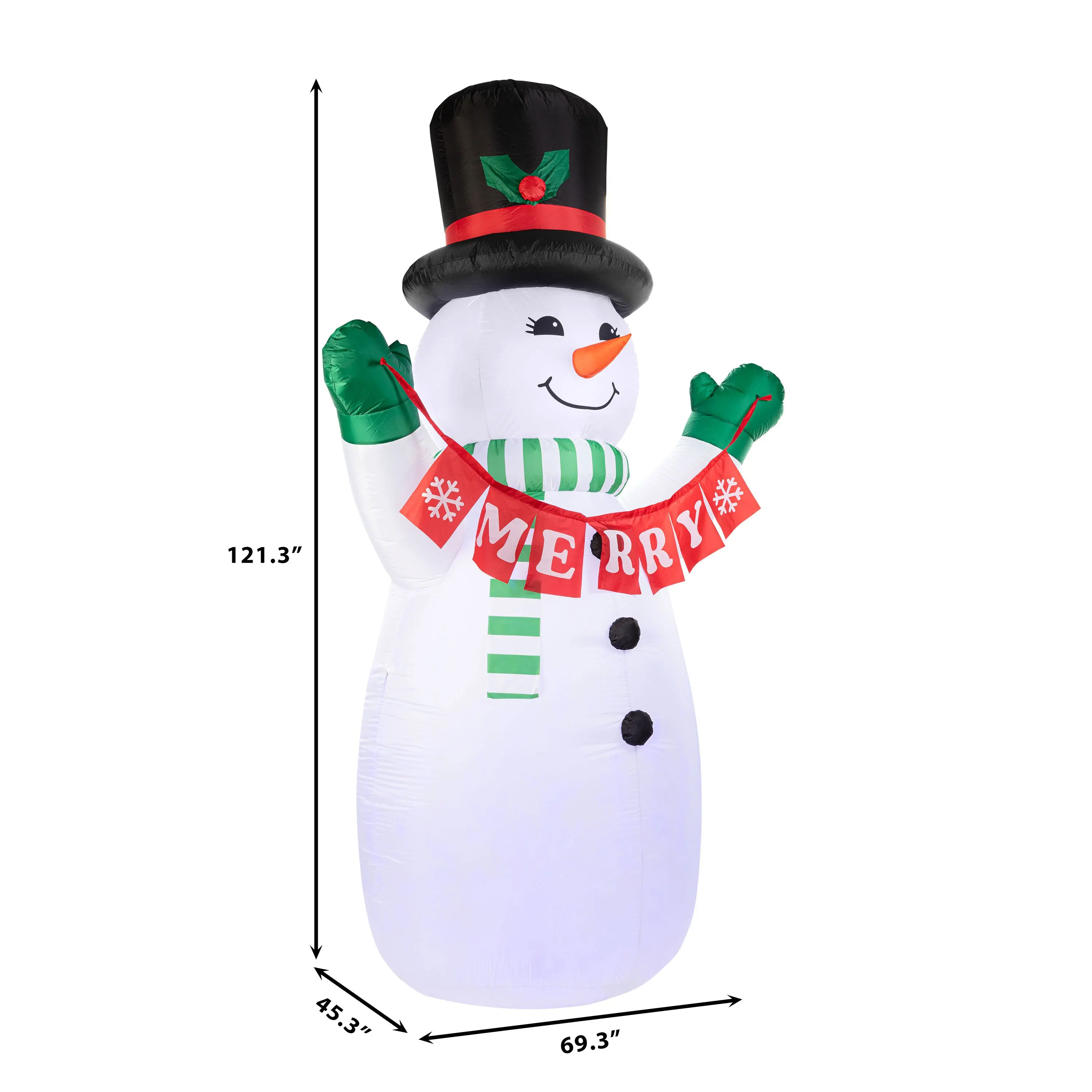 10 ft. (121.3" Tall) Outdoor Lit Merry Snowman Inflatable, 69.3" Wide, 45.3" Deep, with Blue Lights, 3 Tethers