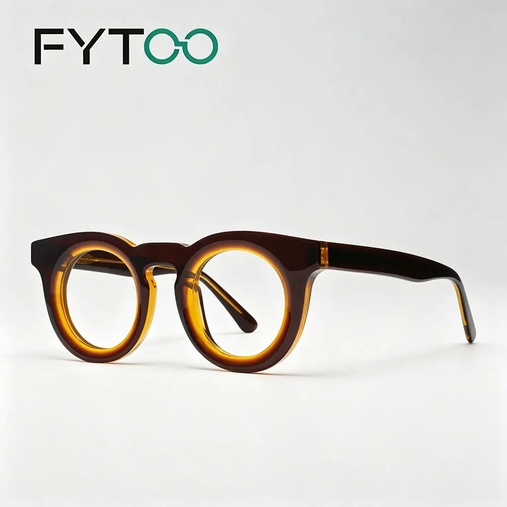 FYTOO Classic Round Frame Glasses for Women, Vintage Gradient Tortoiseshell, Thick Durable Solid Acetate, Lightweight 36g Fade Resistant Eyewear, Classic Round Frame Non-Prescription Glasses, Casual Frames & Glasses