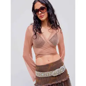 Cider [size 2-26] Metallic V-neck Knotted Crop Long Sleeve Top Dealsforyou