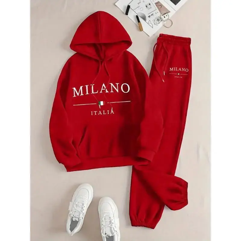 &1set Milano Italy Theme Women's Casual Sweatshirt and Sweatpants Set - Long Sleeve Pullover with Hood, Cartoon Print, Polyester Knit Fabric, Pockets - For Autumn/Winter - Perfect for Women - Cozy and Stylish Loungewear