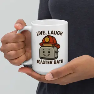 Funny Firefighter Mug Live Laugh Toaster Bath Cartoon Toaster with Helmet Dark Humor Coffee Cup Gift for Firemen First Responders Premium Ceramic 15oz Dishwasher Safe