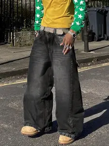 Men's High Street Vintage Pocket Patchwork Washed Denim Jeans, Casual Loose-Fitting Pants for All Seasons, Stylish Men's Clothing, Faded Pocket Jeans