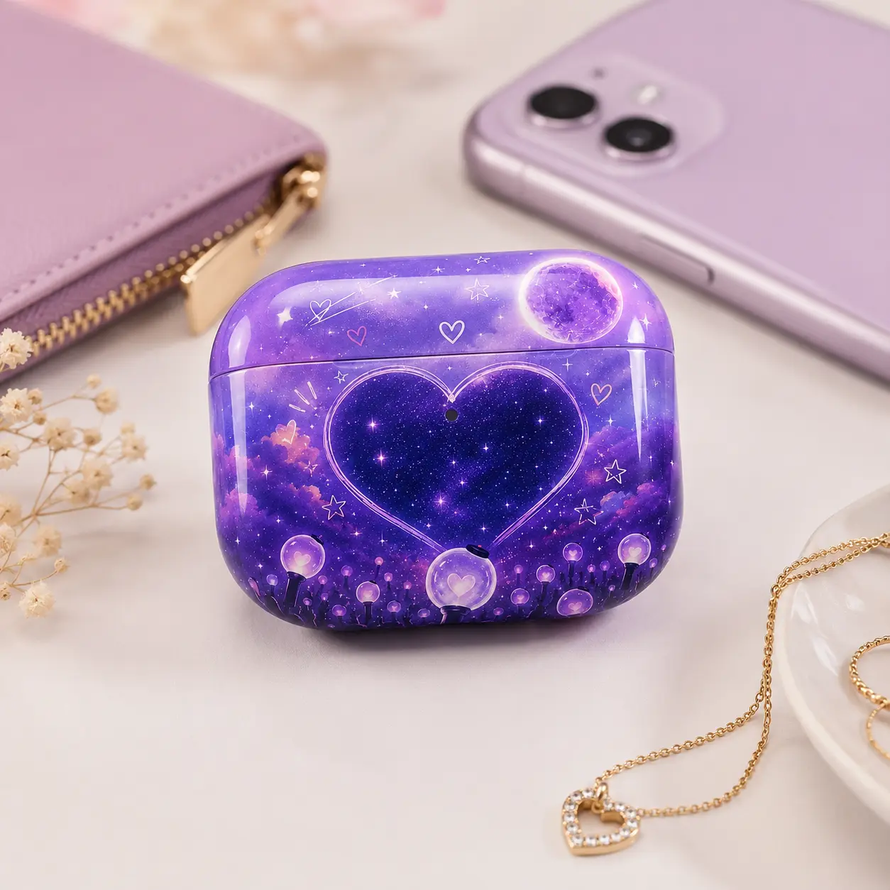Purple Galaxy Heart AirPods Case, Kpop Concert World Tour Fan Earbuds Cover